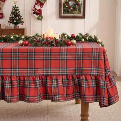 Romanstile Christmas Red Plaid Ruffled Tablecloth 60x120 Inch Rectangular - Holiday Decor
