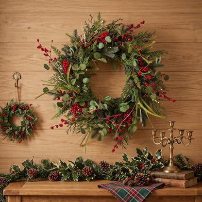 Christmas Wreaths - 24 Inch Artificial Holiday Front Door Decor with Eucalyptus & Berries - Handmade, Reusable, Outdoor Wall Farmhouse Xmas Decoration