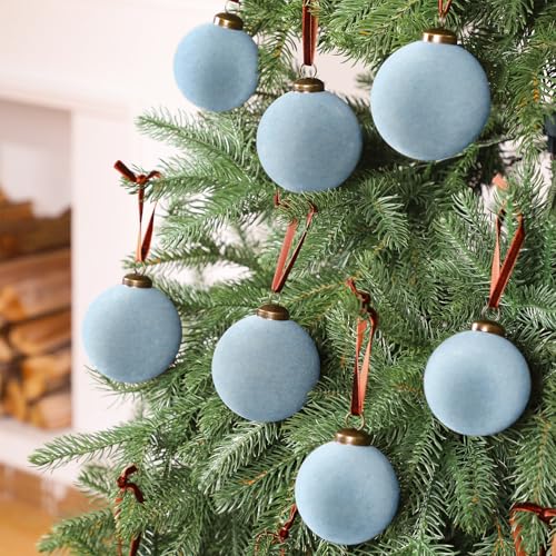 Gray Blue Velvet Christmas Tree Ornaments - 18 Pack Flocked Holiday Balls with Hanging Ropes