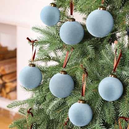 Gray Blue Velvet Christmas Tree Ornaments - 18 Pack Flocked Holiday Balls with Hanging Ropes