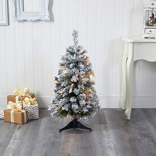 Pre-Lit Flocked Artificial Christmas Tree 3ft with 50 LED Lights, Realistic Faux Pine
