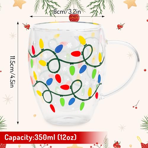 Colorful Xmas Light Bulb Double Wall Glass Coffee Mugs Set of 2 - 12Oz Holiday Drinkware
