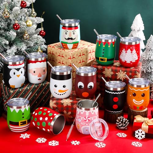 12 Pack Christmas Stainless Steel Insulated Wine Tumblers with Lids & Straws
