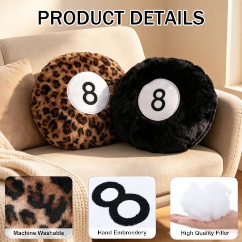 2 Pack Round Plush Throw Pillows - Black and Cheetah Print Billiard Ball Shape