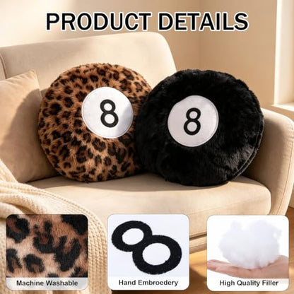 2 Pack Round Plush Throw Pillows - Black and Cheetah Print Billiard Ball Shape
