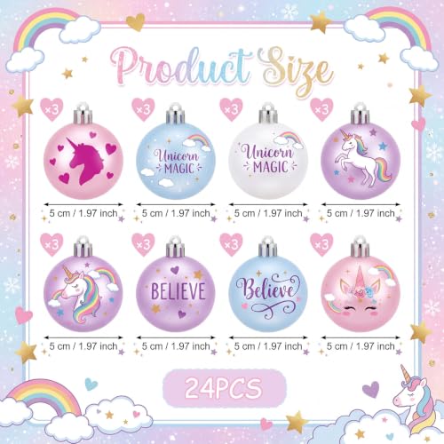 Unicorn Christmas Ornaments Set - 24 Fairy Tale Tree Decorations - Pink Purple Blue