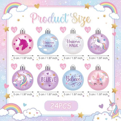 Unicorn Christmas Ornaments Set - 24 Fairy Tale Tree Decorations - Pink Purple Blue