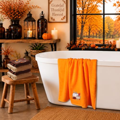 Autumn Harvest Pumpkin Bathroom Towel Set 6 Piece - Fall Decor Cotton