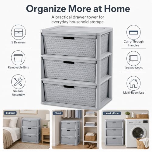 Gray 3 Drawer Plastic Storage Organizer Tower - No Tools Assembly