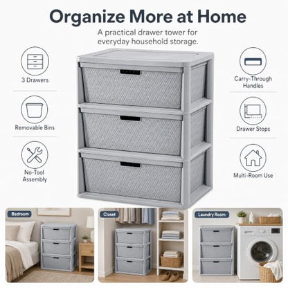 Gray 3 Drawer Plastic Storage Organizer Tower - No Tools Assembly