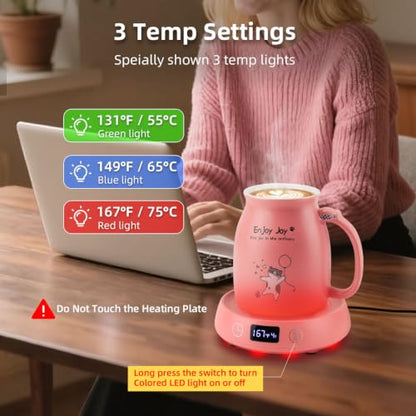 Pink Cat Mug Warmer Set with 16oz Ceramic Cup - Electric Desk Heater