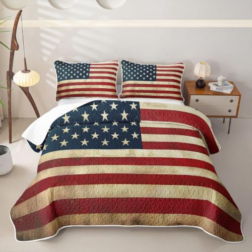 American Flag Quilt Set Star Print Bedspread Queen Lightweight Blanket with Pillowcases - Blue Red Yellow