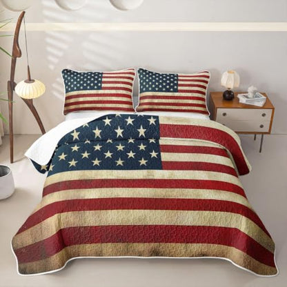 American Flag Quilt Set Star Print Bedspread Queen Lightweight Blanket with Pillowcases - Blue Red Yellow