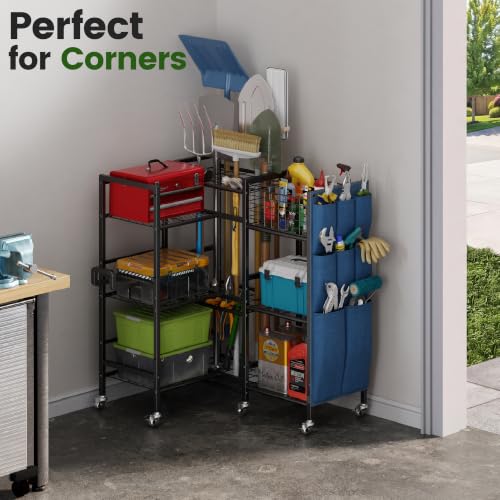 3-Sided Garden Tool Organizer with Wheels and Storage Shelves