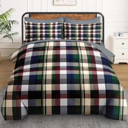 Twin Size Tartan Plaid Comforter Set with Sheets - WeCozy 7-Piece Bedding