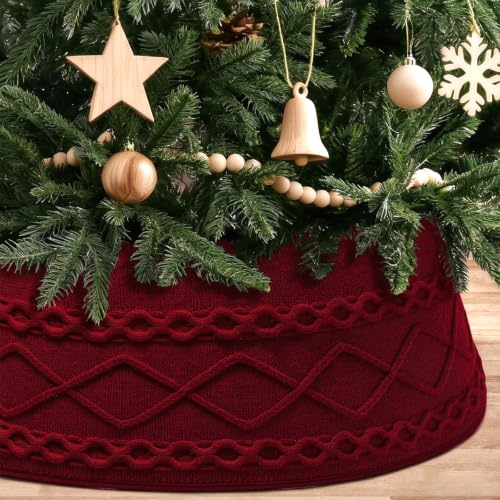 Christmas Tree Collar Xmas Tree Skirt Red Knit Base Cover with Clips