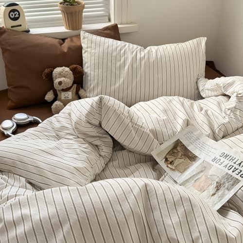King Size Vintage Striped Duvet Cover Set - Neutral Beige & Brown Microfiber Bedding with Hidden Zipper & Corner Ties