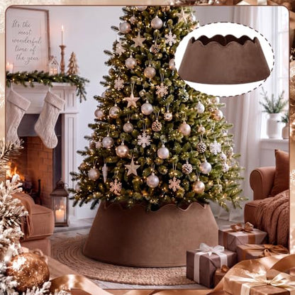 Brown Velvet Christmas Tree Collar 28 Inch with Scalloped Edge - Holiday Decor