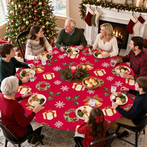Moosfor Elastic Round Tablecloth for 45-56 Inch Tables - Red & Green, Fitted, Waterproof