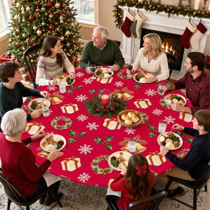 Moosfor Elastic Round Tablecloth for 45-56 Inch Tables - Red & Green, Fitted, Waterproof