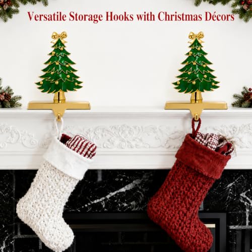 Heavy Gold Christmas Stocking Holders for Mantle - Green - 2 Pack