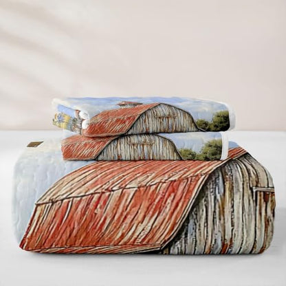 Slate Navy Blue King Farmhouse Quilt Set with Pillowcases - Rustic Red Barn & Windmill Design