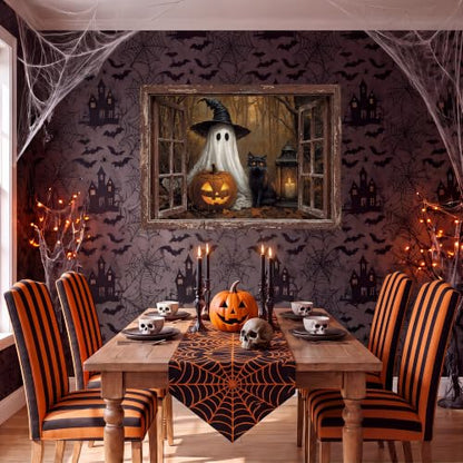 Halloween Oil Painting Canvas Wall Art 48 x 32 in - Classic Haunted Scene with Gilded Frame - Spooky Home Decor