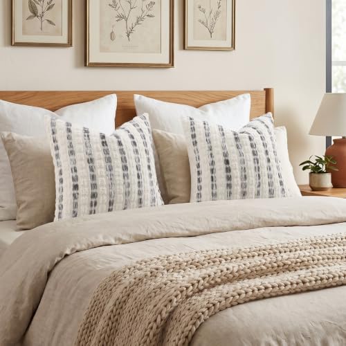 DecorUhome Grey & Cream Chenille Tufted Stripe Throw Pillow Covers 18x18 Set of 2