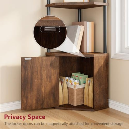 Rustic Brown 5-Tier Corner Shelf Stand with Cabinet - Space-Saving Storage