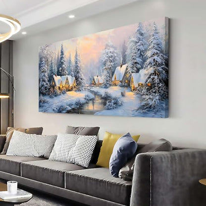 40-Inch White Retro Cabin Wall Art Canvas Print - Winter Forest Scene
