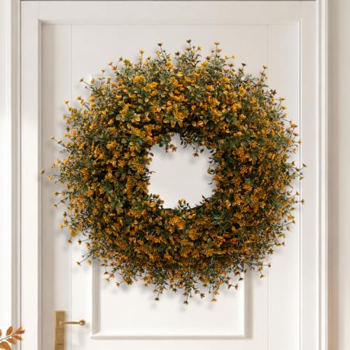 26 Inch Fall Boxwoods Wreath with Orange Accents for Front Door - Home Decor