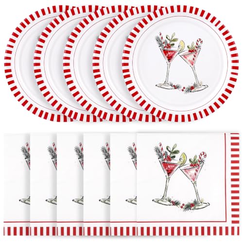 Christmas Cocktail Disposable Plates and Napkins Set - 50 Pieces, Holiday Party Tableware