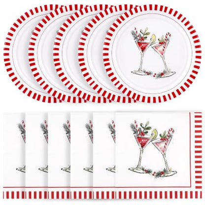 Christmas Cocktail Disposable Plates and Napkins Set - 50 Pieces, Holiday Party Tableware
