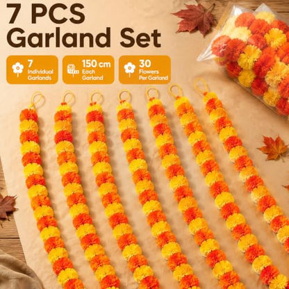 7Pcs Artificial Marigold Garland 5 Feet for Diwali Decor Home & Event