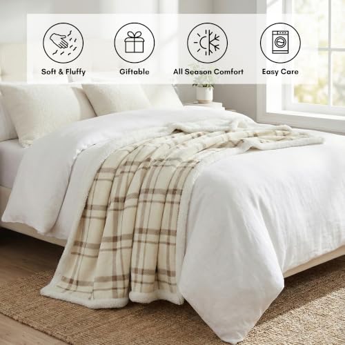 Cream Fleece Sherpa Throw Blanket 60x80 Inches Tattersall Design