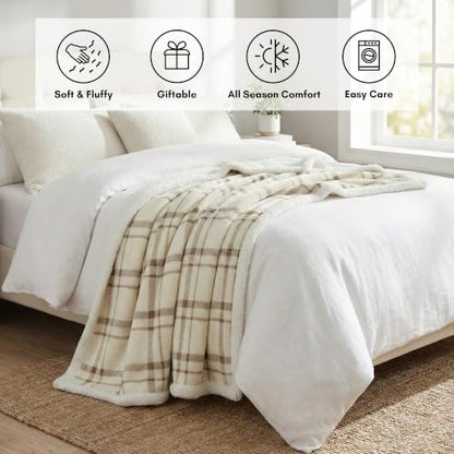 Cream Fleece Sherpa Throw Blanket 60x80 Inches Tattersall Design
