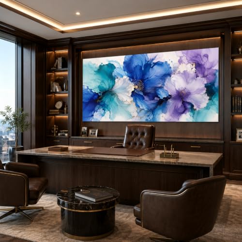 Aqua Indigo Bloom Floral Canvas Wall Art - 58x28 Inch Framed Botanical Decor
