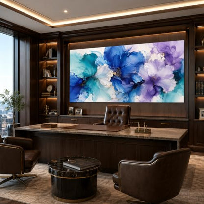 Aqua Indigo Bloom Floral Canvas Wall Art - 58x28 Inch Framed Botanical Decor