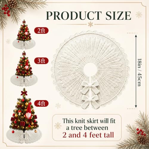 Small Knitted Christmas Tree Skirt - 18 Inch Vintage Farmhouse White