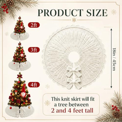 Small Knitted Christmas Tree Skirt - 18 Inch Vintage Farmhouse White