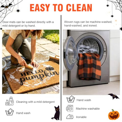 Halloween Door Mat Set with Pumpkin Coir & Orange Black Plaid - Fall Porch Decor