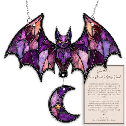 Gothic Bat Suncatcher Halloween Window Decor - Crescent Moon, Purple Stained Glass Style - Bat Lover Gift - Variation of Bat 2