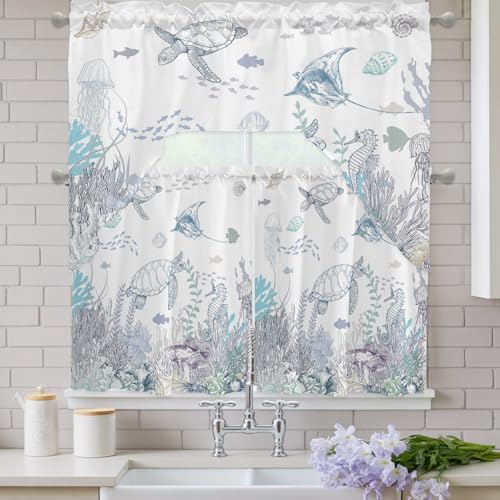 JasmineM 3 Piece Coastal Watercolor Kitchen Curtain Set - 27.5"W x 24"L