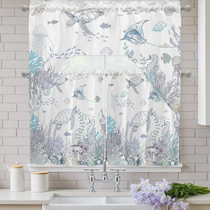 JasmineM 3 Piece Coastal Watercolor Kitchen Curtain Set - 27.5"W x 24"L