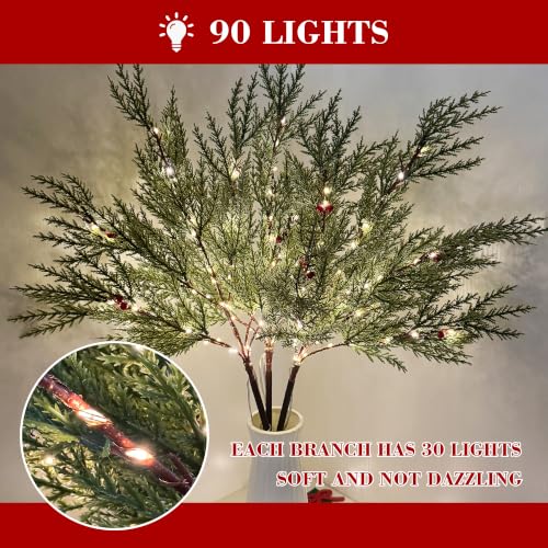 Pine Needle Christmas Lighted Branches Set - 3 Pieces, 90 Lights, Battery Operated