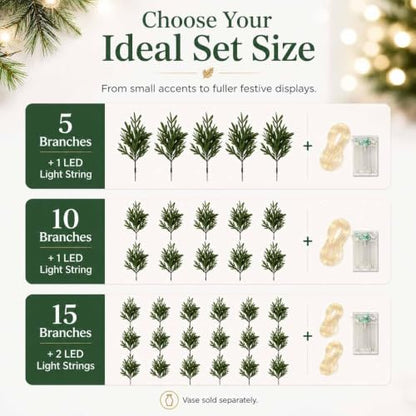 Green Enchanted Evergreen Pine with Lights for Christmas DIY Vase - 5 Pieces