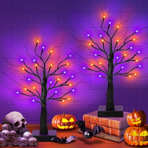 Halloween Lighted Indoor Trees Set - 24 Inch Orange & Purple Decor with Timer