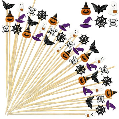 100PCS Halloween Skull Pumpkin Ghost Bat Food Skewers - Bamboo Cocktail Picks