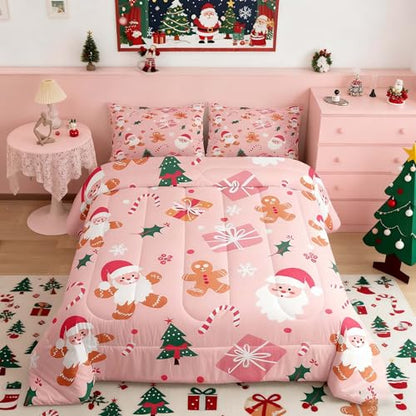 Feelyou Christmas Kids Comforter Set Full Pink Brown Bedding for Boys Girls