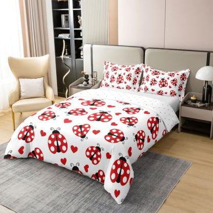 Red Ladybug Twin Bedding Set - Cotton Duvet Cover & Pillowcase, Girl Kids Room Decor